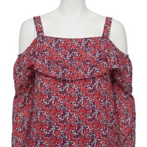 NYDJ Blouse Plus 0X Red Blue Floral Cold Shoulder Y2K Romantic Feminine Cottage